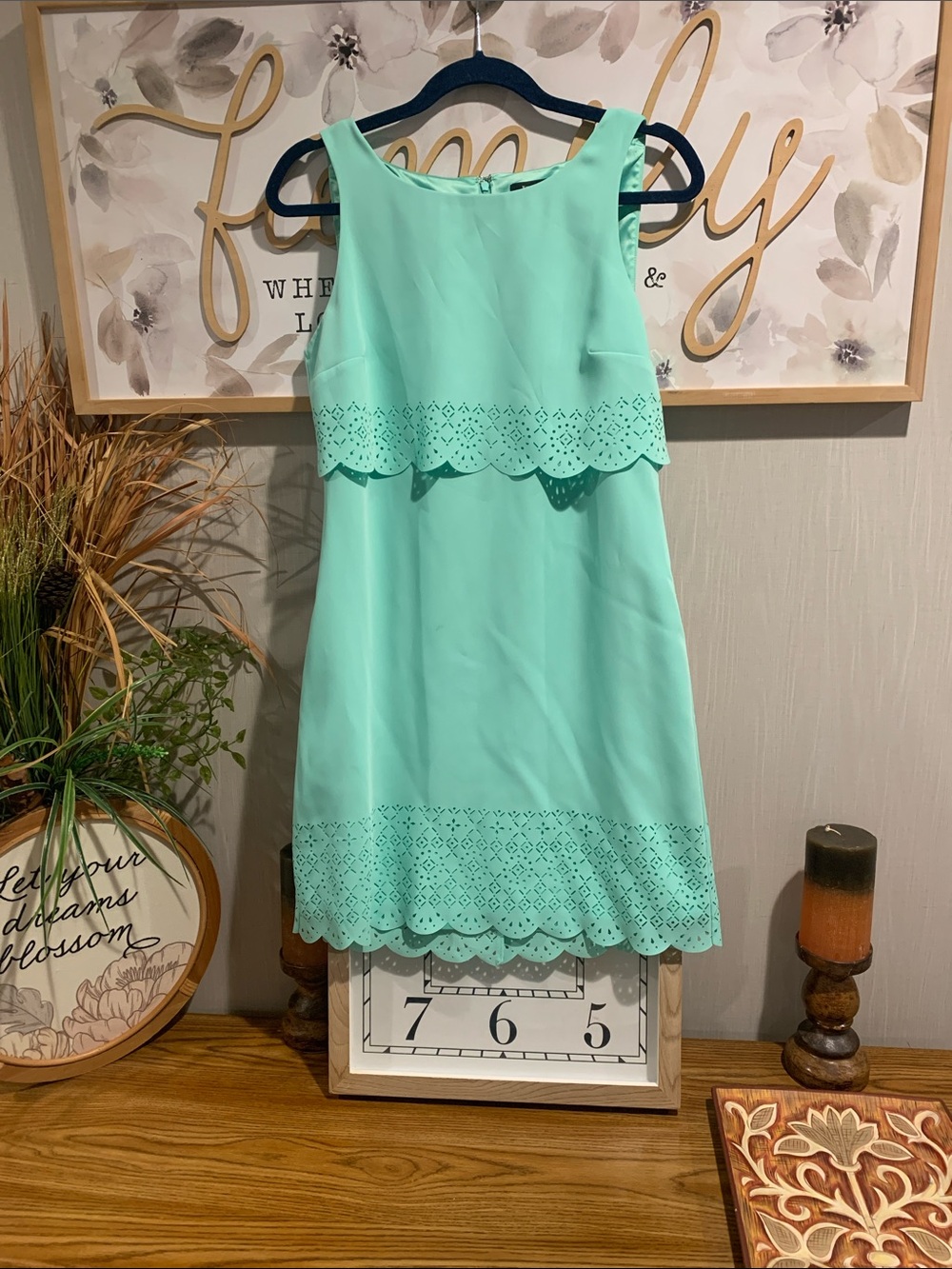 White House Black Market Mint Green Eyelet Scallop Dress
